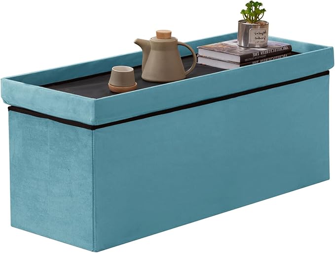 BRIAN & DANY 43 Inches Folding Storage Ottoman Bench, Velvet Ottoman with Storage for Living Room, Long Shoes Bench,Flannelette Footrest Benches Seat (Teal)