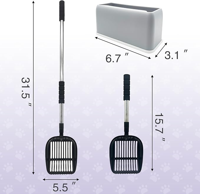 PINVNBY Cat Litter Scooper, Long Handle Litter Sifter Scoop with Litter Scoop Holder Stainless Steel Kitten Scooper Deep Kitty Litter Scooper with Box Metal Detachable Sifting Litter Shovel Set