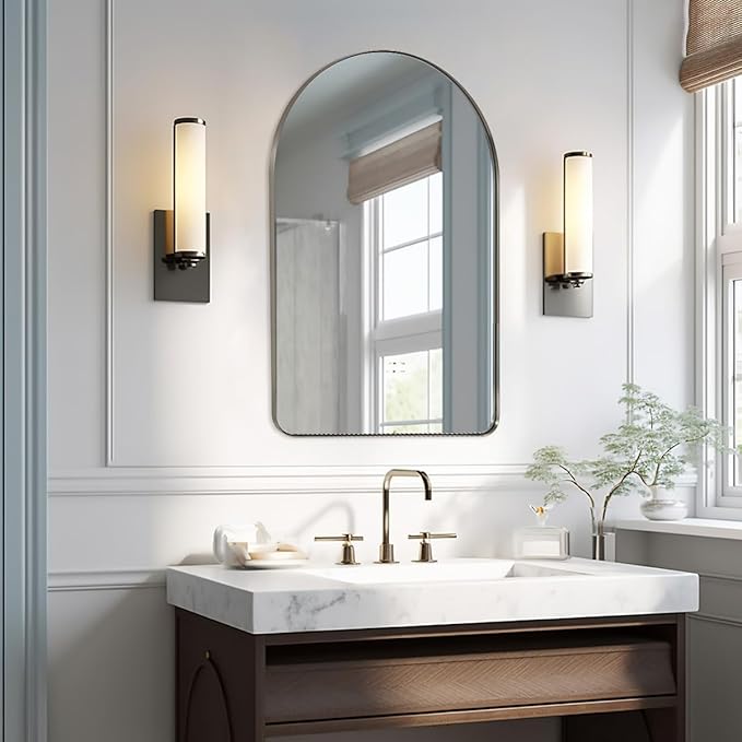 ANDY STAR Arched Mirror, 20" x 30" Brushed Nickle Bathroom Mirror in Stainless Steel Metal Frame, Arch Top Rounded Corner 1" Deep Set Design Wall Mount Hangs Vertical