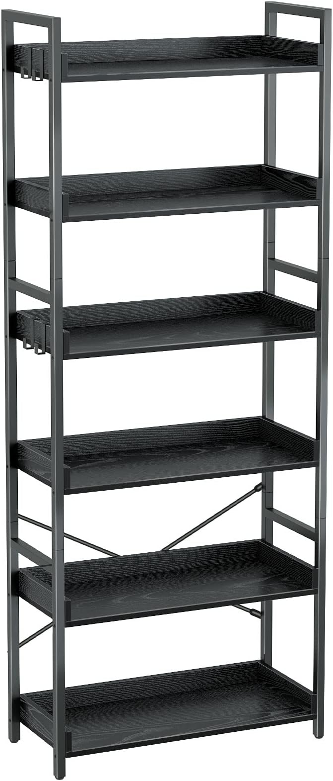 Rolanstar Bookshelf 6 Tier with 4 Hooks, Industrial Wood Bookcase, Vintage Storage Rack with Open Shelves, Rustic Standing Bookshelves Metal Frame Display Rack for Living Room, Bedroom, Black