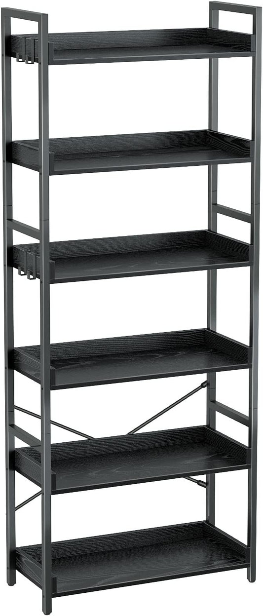 Rolanstar Bookshelf 6 Tier with 4 Hooks, Industrial Wood Bookcase, Vintage Storage Rack with Open Shelves, Rustic Standing Bookshelves Metal Frame Display Rack for Living Room, Bedroom, Black