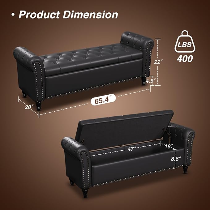 65 Inch Bedroom Bench, End of Bed Bench with Storage, Bed Benches for Foot of Bed, Faux Leather Window Bench with Tufted Button and Nailhead Trim, Upholstered Storage Bench with Rolled Arms, Black