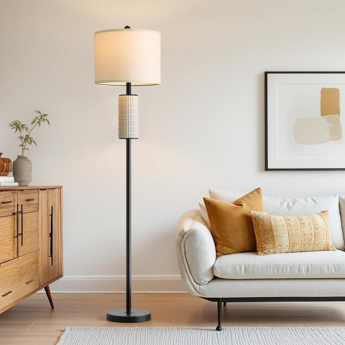 PoKat Ceramic Floor Lamps for Living Room, 64" Modern Standing Lamps for Bedroom, Farmhouse Tall Floor Lamps for Living Room Dinning Reading Home Office, Nursery, Rotary Switch, Matte Black