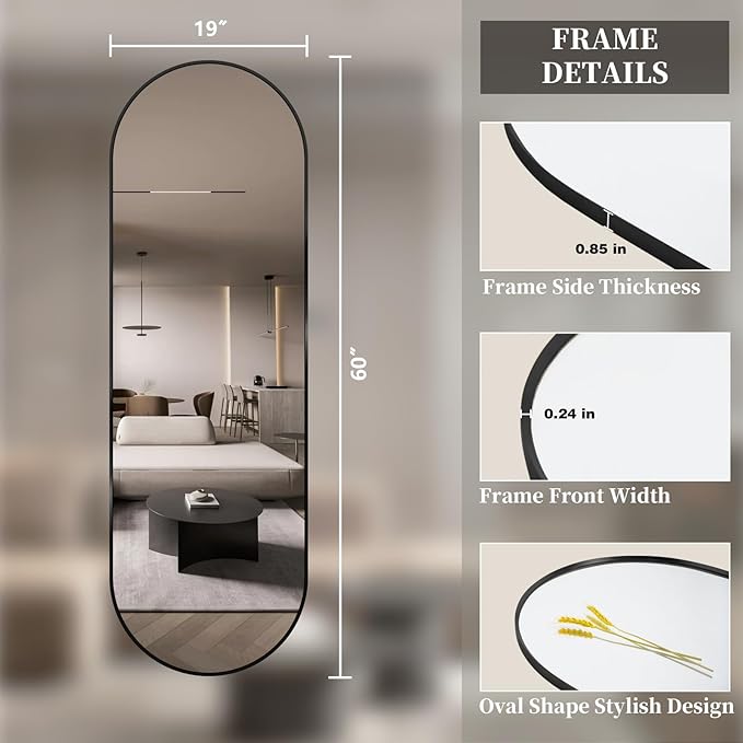 Oval Full Length Mirror, 60"×19" Wall-Mounted Mirror with Metal Frame, Ultra-Clear Explosion-Proof, Simple and Classic Deco for Cloakroom/Bedroom/Living Room, Black