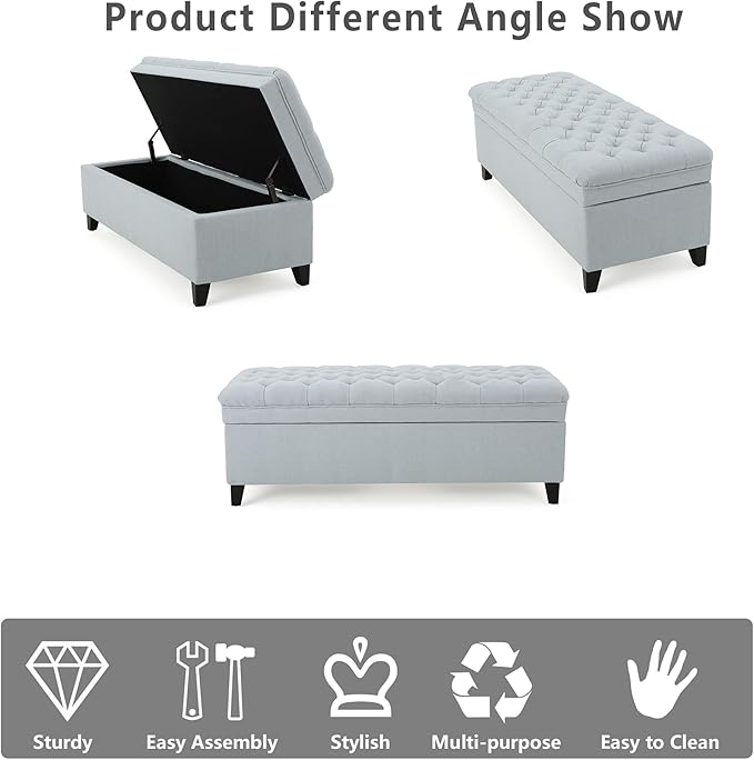 Setawix Linen Storage Benches, 50" Bed End Bench with Storage, Tufted Light Blue Ottoman Bench for Living Room, Rectangle Entryway Benches with Storage and Seating (Light Blue)