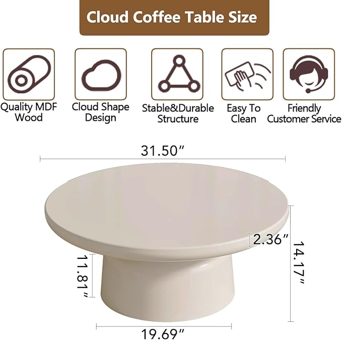 Cloud Coffee Table Modern Cute Coffee Tables Irregular Simple Tea/Center Table for Small Space End Table for Living Room, Home Office, Indoor (White Round-D31.5")