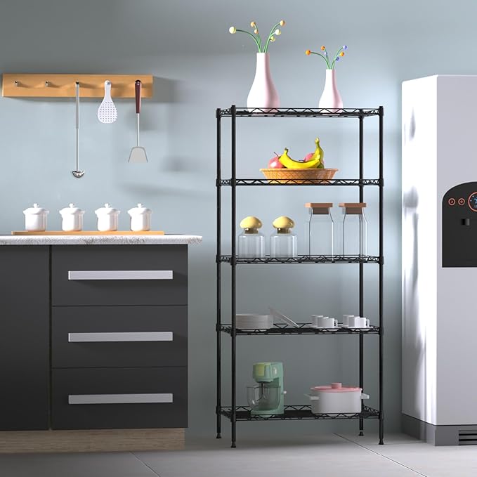 5 Tier Standing Metal Wire Shelving Unit, Adjustable Height, Storage Shelf Units for Laundry Bathroom Kitchen Pantry Closet (11.6" D x 21.2" W x 49" H inches, Black)