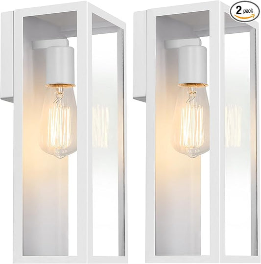 2-Pack Outdoor Wall Lanterns, Exterior Waterproof Wall Sconce with Glass Shades, White Porch Lights Mounted, Anti-Rust E26 Modern Lighting Fixtures for Patio Garage Entryway Front Door