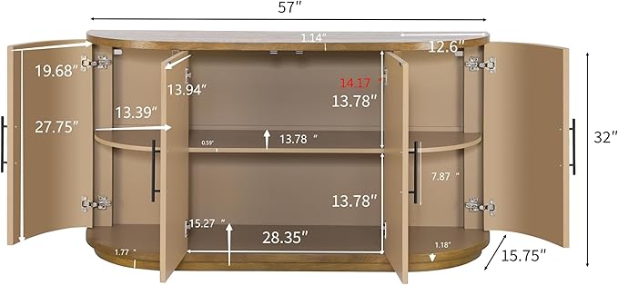 Christopher Knight Home Tian Modern Wooden Kitchen Sideboard Cabinet with Metal Handles, Living Room Storage Cabinet with Shelves, Spacious Dining Room Cupboard with 4 Doors, Curved Form, Natural