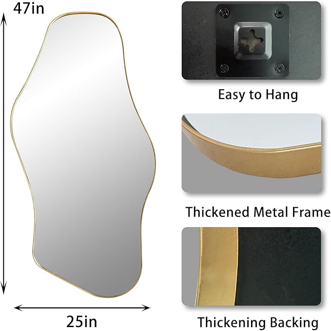 Irregular Wall Mirror, 47"x25" Large Asymmetrical Mirrors with Gold Metal Frame, Cloud Shaped Mirror, Modern Abstract Mirrors for Living Room Bathroom Bedroom Hallway Entryway Fireplace