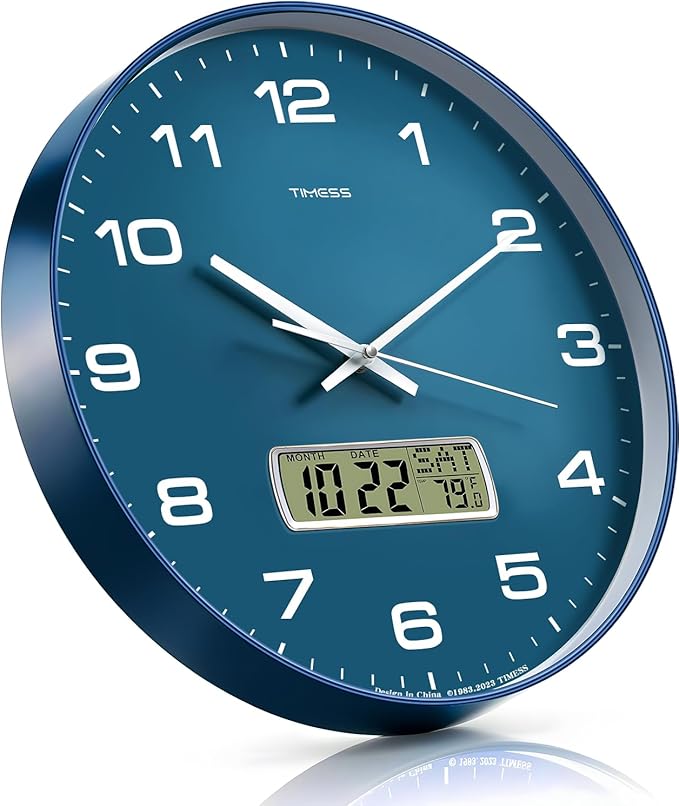 Wall Clock, 12" Dial Non-Ticking Silent Battery Operated Analog with LCD Display for Perpetual Calendar and F° Temperature, Ideal Modern Home, Bedroom, Kitchen, Office Decor (Blue)
