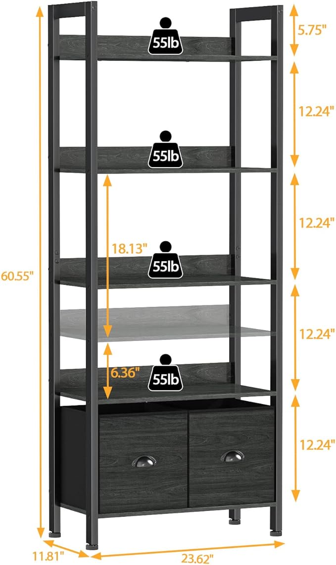 Furologee 5-Tier Bookshelf, Tall Bookcase with 2 Storage Drawers, Industrial Display Standing Shelf Units, Wood and Metal Storage Shelf for Living Room, Bedroom, Home Office, Black Oak