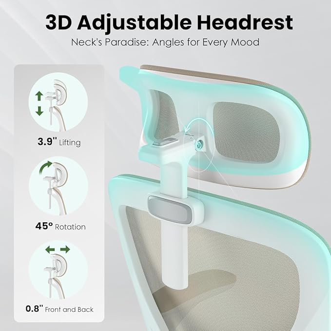 Soohow Ergonomic Office Chair, Office Mesh Desk Chair with Adjustable Lumbar Support Armrests, Comfy Computer Desk Chair with Headrest, for Home and Office, White & Khaki