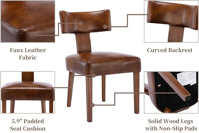 Mid Century Modern Dining Chairs Set of 2 PU Leather Upholstered Side Chairs, Modern Kitchen Armless Parson Chairs Solid Wood Dining Chairs, Brown