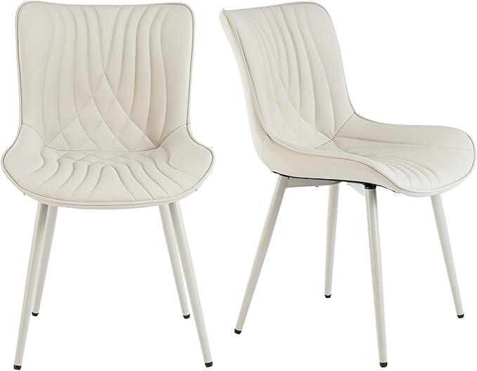 YOUTASTE Cream Dining Chairs Set of 2, Mid Century Modern Comfy Kitchen Chair, Upholstered Faux Leather, Cream Metal Legs, Armless Accent Chairs for Bedroom Vanity Lounge