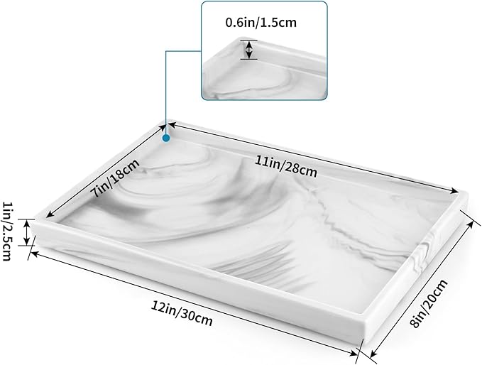 12" Large Ceramic Vanity Tray, Rectangle Perfume Plate Organizer, Jewelry Holder Dish, Non Slip Decorative Tray for Bathroom, Bedroom, Kitchen, Coffee Table (Marble Grey)