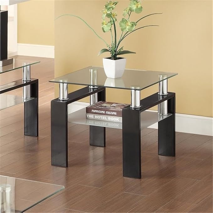 BOWERY HILL End Table Coffee Accent Table, Square, Modern, Indoor with 1 Shelf in Glass Top and Metal, Black
