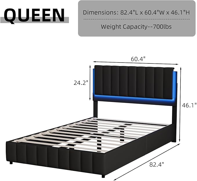 Queen Bed Frame with LED Lights and Headboard, Modern Upholstered Faux Leather Platform Bed with Wooden Slats Support, No Box Spring Needed, Easy Assembly, Black