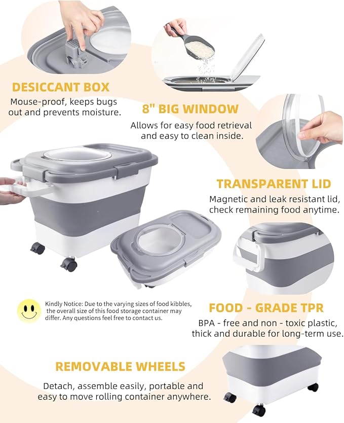 20-23LBS Collapsible Dog Food Storage Container, Pet Dog Pantry Large Containers Bin with Wheels,Scoop and 1pcs Food Storage Containers, Kitchen Cereal Flour Rice Leakproof Dry Holder