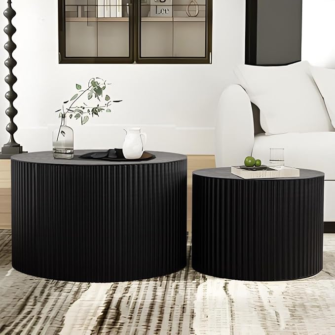 Round Nesting Coffee Table Set of 2, Round Fluted Coffee Tables for Living Room Modern Nesting End Side Tables for Small Spaces (D Black)