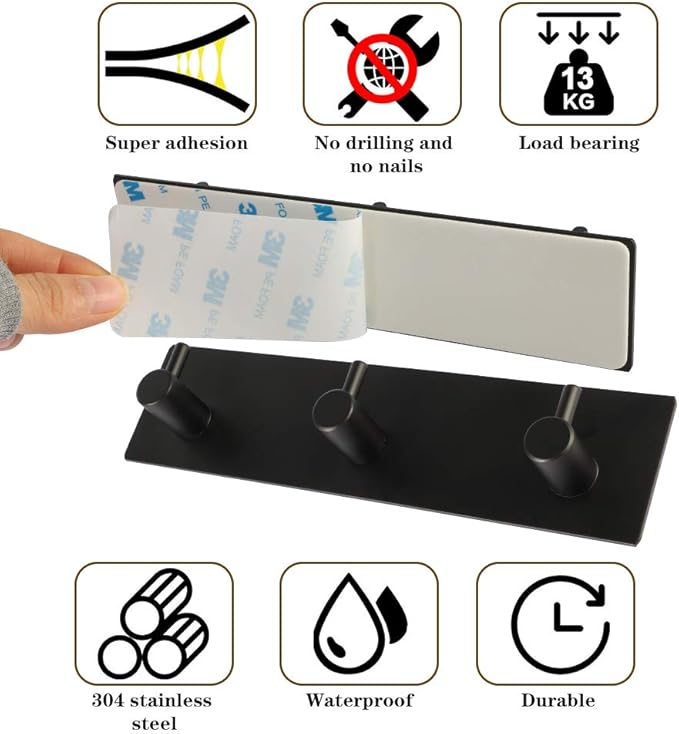 Picowe Key Holder for Wall Decorative, Adhesive Stainless Steel Key Hooks, Key Hanger Key Organizer for Wall, Towel Hook Coat Hanger for Entryway Hallway Kitchen(Three Rows,Black 1PCS)