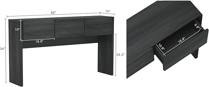 Manhattan Comfort Linda Modern Console Table with 3 Storage Drawers – 60" Narrow Entryway Stand for Living Room, Hallway, or Dining Room – Wood Grain Accent Furniture, Charcoal Grey