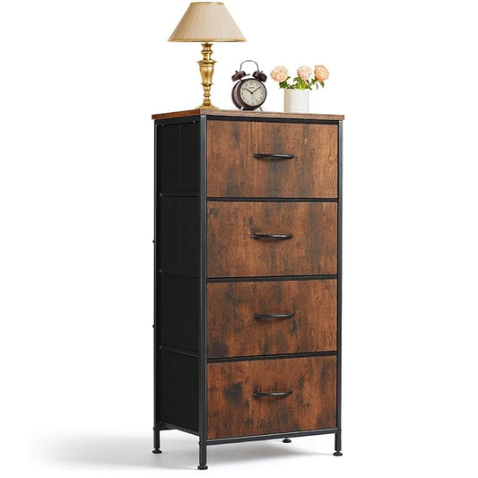 Nightstand, 4 Drawer Dresser End Table Bedside Furniture with Wooden Top Steel Frame Fabric Bins for Bedroom, Closet, Entryway, Dorm, Living Room, Brown