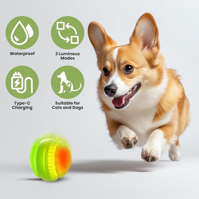Rechargeable LED Dog Toy Ball with Color-Changing Lights, Type-C Charging, Waterproof & Durable, Pet-Safe Materials, for Dogs & Cats, Safe for Indoor and Night Play, 2.76in Diameter