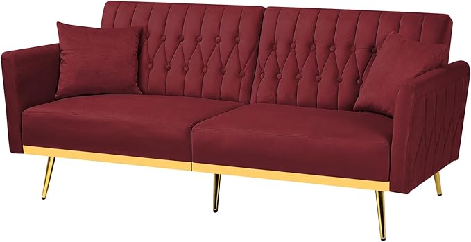 70” Velvet Futon Sofa Bed with 2 Pillows and Adjustable Armrests, Convertible Sleeper Bed W/Adjustable Backrests, Modern Loveseat for Living Room, Bedroom, Red