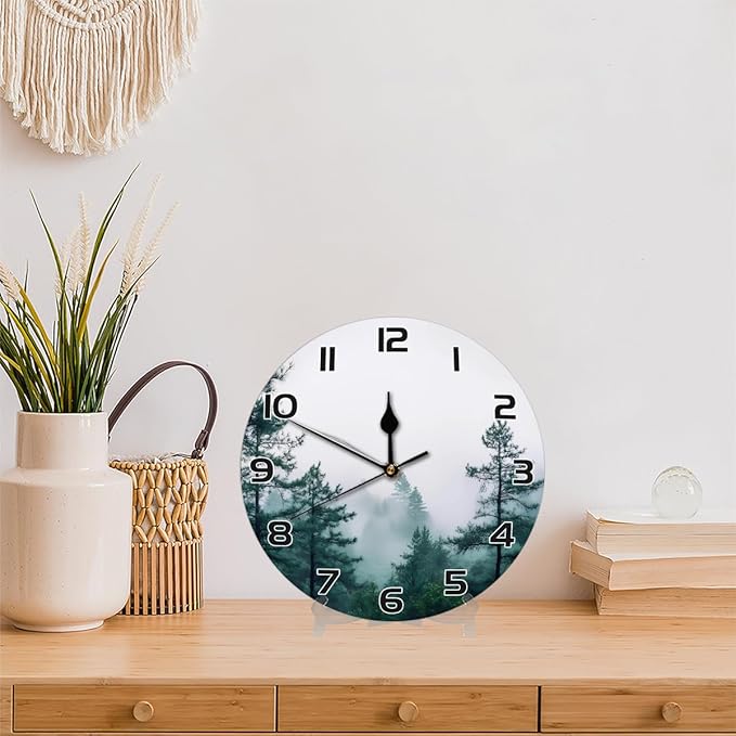 Foggy Pine Tree Forest Wall Clock Battery Operated 10 in Round Wall Clocks Slilent Non Ticking Quartz Analog Clock for Bedroom Kids Living Room Classroom Decor