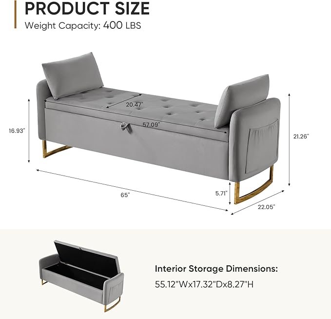 65" Storage Ottoman Bench for Bedroom, End of Bed Storage Bench King Size with Tufted Button Upholstered and Gold Legs, Bedroom Benches with Armrests for Living Room Window, Light Grey