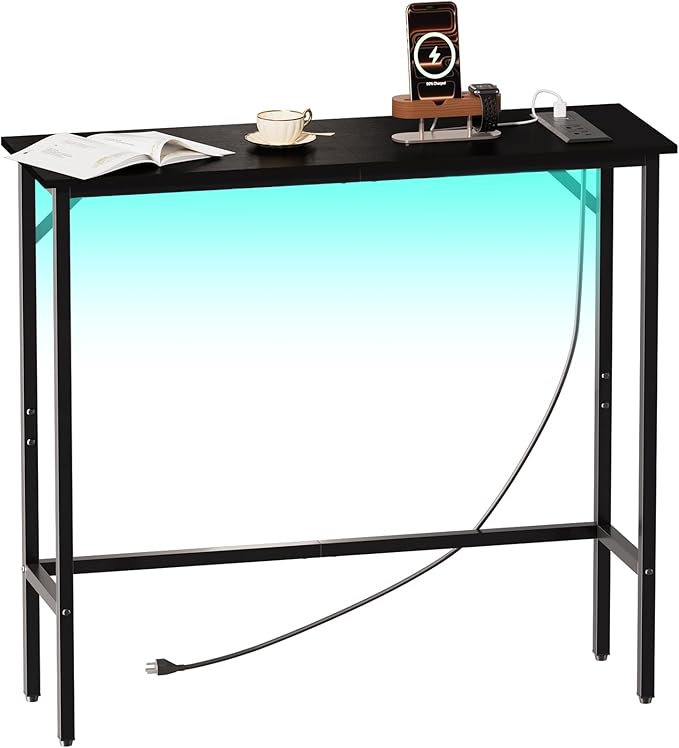 Narrow Console Table with Led Light and Charging Station，29.5" Small Entryway Table，Display Table，Entryway Hallway Thin Sofa Table Behind Sofa, Small Spaces, Living Room, Black