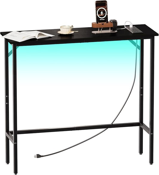 Narrow Console Table with Led Light and Charging Station，29.5" Small Entryway Table，Display Table，Entryway Hallway Thin Sofa Table Behind Sofa, Small Spaces, Living Room, Black
