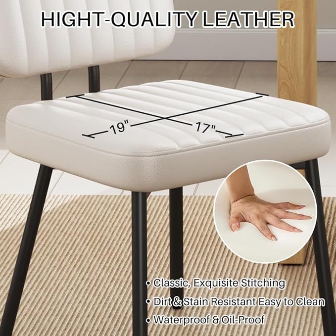 Dining Chairs Set, Upholstered Mid Century Modern Kitchen Dining Room Accent Chairs with Faux Leather Cushion Seat & Metal Legs for Kitchen, Living Room (White, Set of 2)