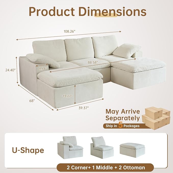 ANONER 108" Cloud Sectional Couches for Living Room, U Shaped Boneless Couch with 2 Ottomans, Deep Sleeper Sofa Chenille Touch Furniture Cloud Couch, White Beige