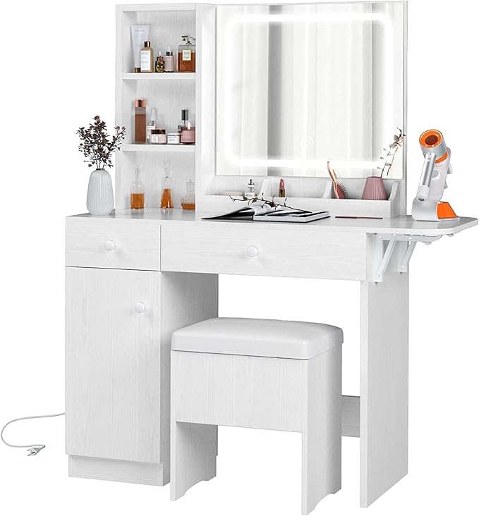 IRONCK Vanity Desk with LED Lighted Mirror & Power Outlet, Makeup Table with Drawers & Cabinet,Storage Stool, White