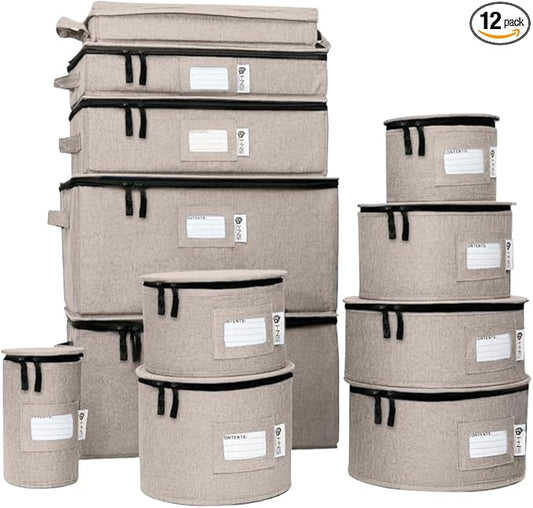 Hard Shell China Storage Containers 12-Piece Set Moving Boxes for Dinnerware, Glasses, Plates, Mugs and Saucers Sturdy Dish Organizer with Dividers for Seasonal Storage - Service for 12 - Brown