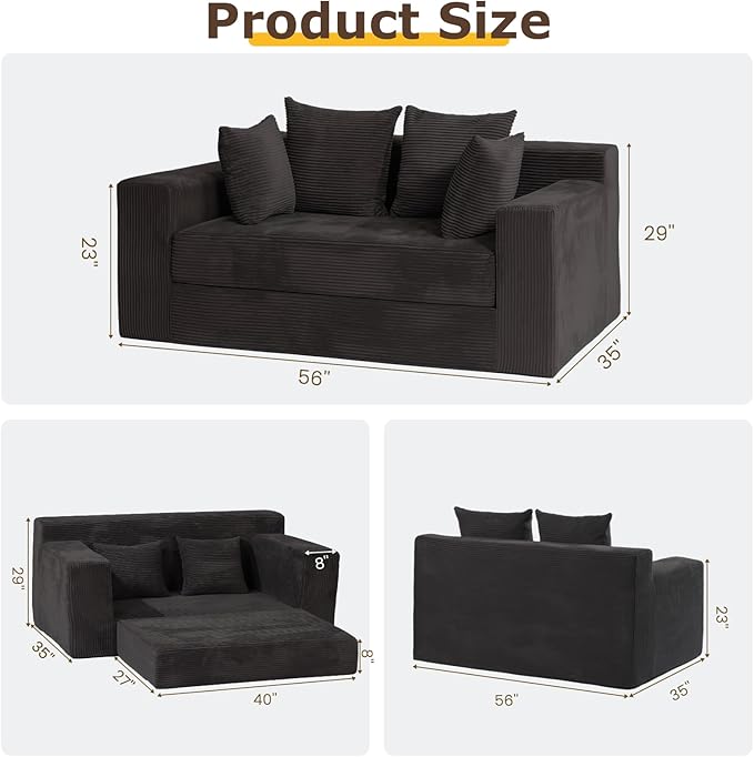 Convertible Sofa Bed, 3 in 1 Loveseat Folding Couch Bed Foldable - Chaise Lounge Chair & Floor Futon Sleeper, Corduroy Pull Out Sofa Bed with 4 Pillows for Living Room, Black