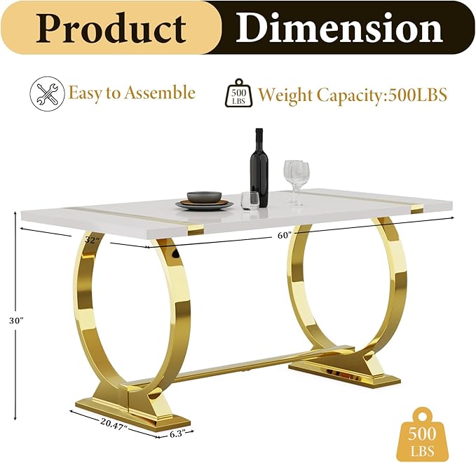 Asday Modern Dining Table with Gold Stainless Steel Metal U-Base in White Gold