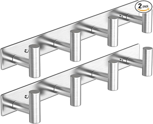 VAEHOLD Silver Hat and Coat Wall Mount Rack - Coat Rack with 4 Hooks for Robes, Bags, Keys, and Towels - Bathroom Towel Hanger Organizer (2 Pack)