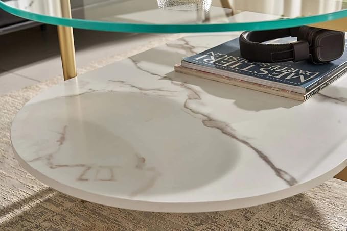 Shrine Oval Coffee Table, Mid-Century Modern Design, 2-Tier Structure, Clear Glass Top and White MDF Shelf, 47" D x 21" W x 17" H, Sleek Conical Metal Legs with Gold Finish