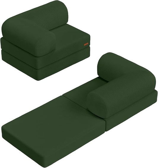 COMAX Folding Sofa Bed, Fold Out Chair Bed, Foldable Sofa, Convertible Sleeper for Adults, Futon Chair Single Small Floor Couch for Spaces, Bedroom Living Room Guest Room, Green