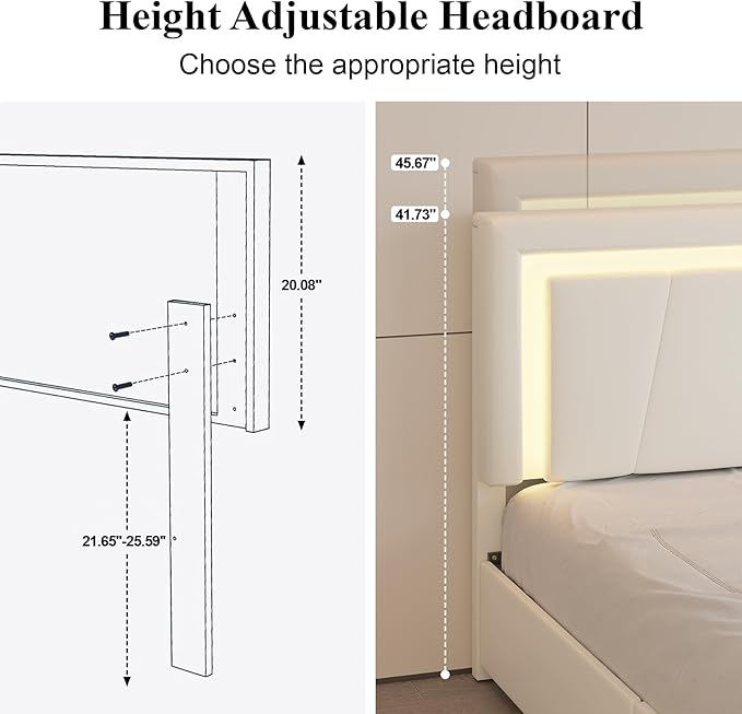 Queen Size Bed Frame with 4 Storage Drawers and LED Lights, Upholstered Platform Bed with Adjustable Headboard and Charging Station, Metal Slats Support, No Box Spring Needed,Easy Assembly, White