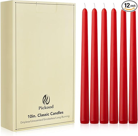 New Burning Formula Unscented Dripless 10-Inch Taper Candles Set of 12 - Red, for Wedding, Dinner - Smokeless, Long Burning - Hand Poured, Colored Tall Candlesticks - Rojo