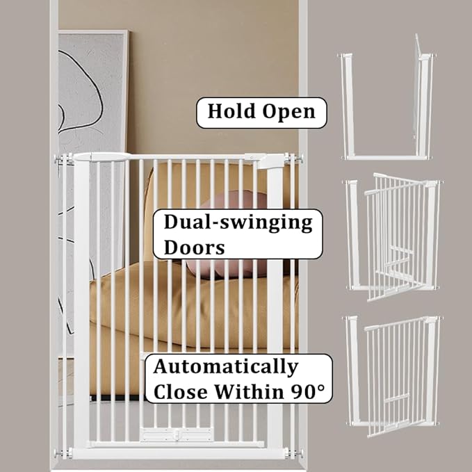 40.55" Tall 1.37" Ultra Narrow Spacing 30.12-61.61" Extra Wide Dogs Pets Baby Gate with Door for Doorway Cat Safety Proof Indoor Puppy Pressure Mounted No Drill White Black Metal Hallway
