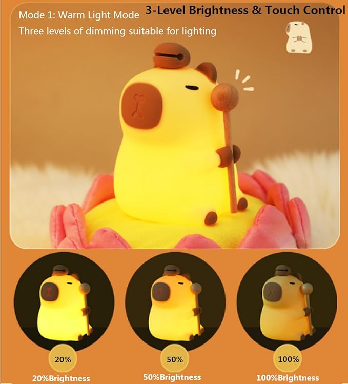 Capibara Night Light for Adults Kids,Cute Silicone Dimmable Animal Nightlight with 7 Colors,Rechargeable Bedside Touch Lamp for Christmas Gifts Toddler Baby Kids Kawaii Room Decor