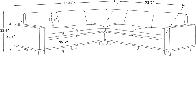 CHITA Super Large Luxury V Shape Corner Sectional Modular Sofa Set, Down Filled Modern Sofa, Deep Seat Cloud Couch, 114 inch Width, 5 Seat Couch with Chaise, Solid Wood Leg, Grey