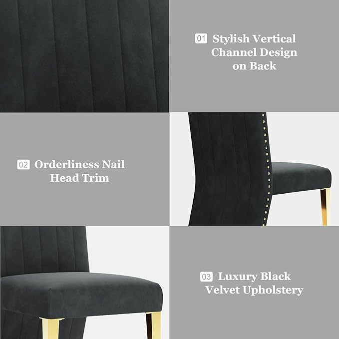 AUZ Black and Gold Dining Chairs Set of 8, Black Velvet Upholstered Dining Room Chairs with Nailhead Trim, Modern High Back Dining Chairs with Gold Legs