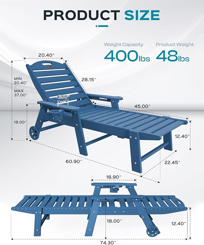 Ciokea Lounge Chair Outdoor, Oversized Chaise Lounge Chair with 5 Positions, HDPE, Patio Lounge Chair with Wheels & Cup Holder for Pool, Deck, Poolside, Azure Blue