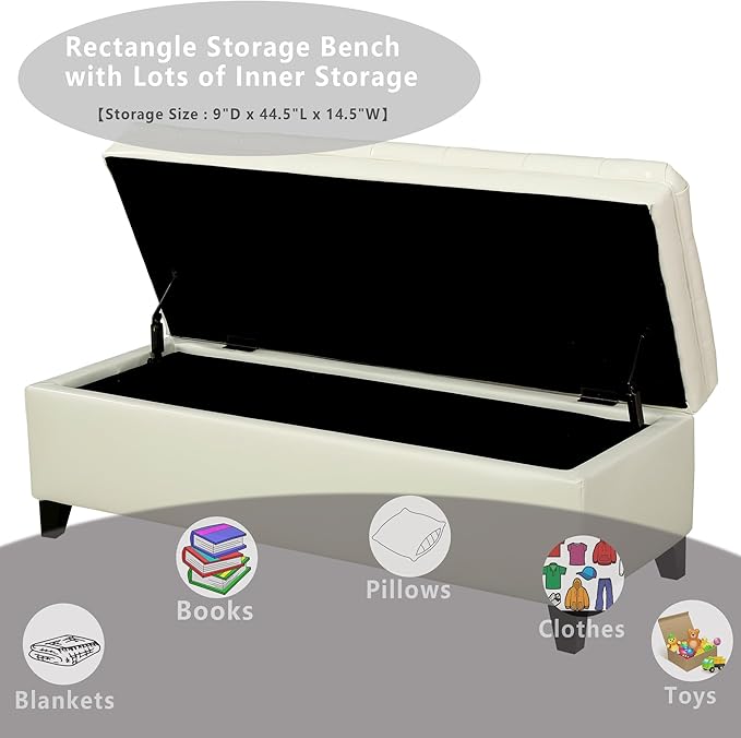 Setawix PU Leather Storage Bench for Bedroom, Living Room, Entryway, 50"W x 18.3"H, Ivory, Wood Legs